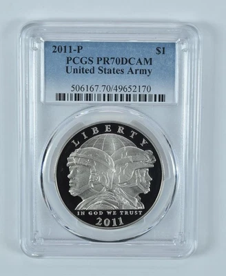 2011-P United States Army Commemorative Dollar PR70 DCAM PCGS Blue Label *9638 - Image 1 of 4