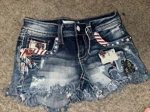 Grace In LA Blue Low Rise Patch Embroidered Jean Short Shorts Size 24 - Picture 1 of 8