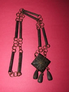 28" WOOD CARVED BEADED COPPER PENDANT NECKLACE VINTAGE 60s ARTS CRAFTS - Picture 1 of 4