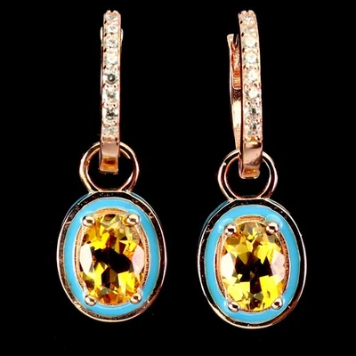 Pendientes de plata de ley 925 ovalados citrino 7x5 mm piedras preciosas naturales esmalte joyería Foto 1 de 4