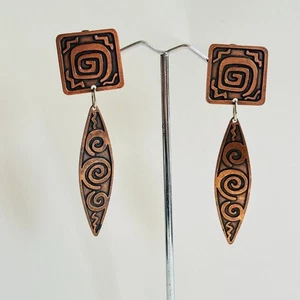 Chico's Earrings Signed red Copper etched dangle Clip Chunky rare designer 3" - Picture 1 of 4