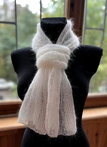 Soft Milk Ivory Kid Mohair Scarf Handmade Knit Fluffy Wrap for Women - Picture 1 of 5