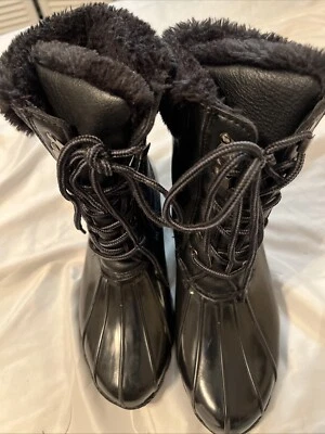 Steve Madden 雪雨鸭靴系带女式 8 码黑色人造毛皮 — 第 1/4 张图片