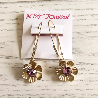 Purple Crystal Textured Flower Gold-Tone Earrings Betsey Johnson - NWT - Image 1 of 4