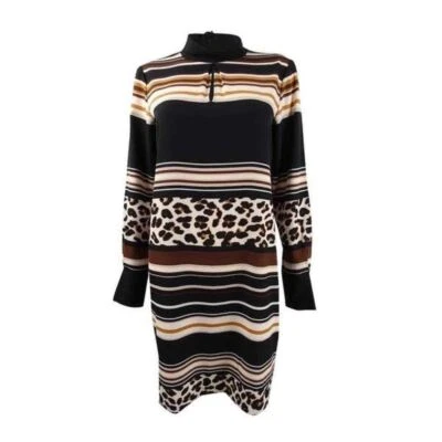 DKNY Dress Womens XS Animal Print Striped Shift Long Sleeves Mock Neck - Image 1 of 4