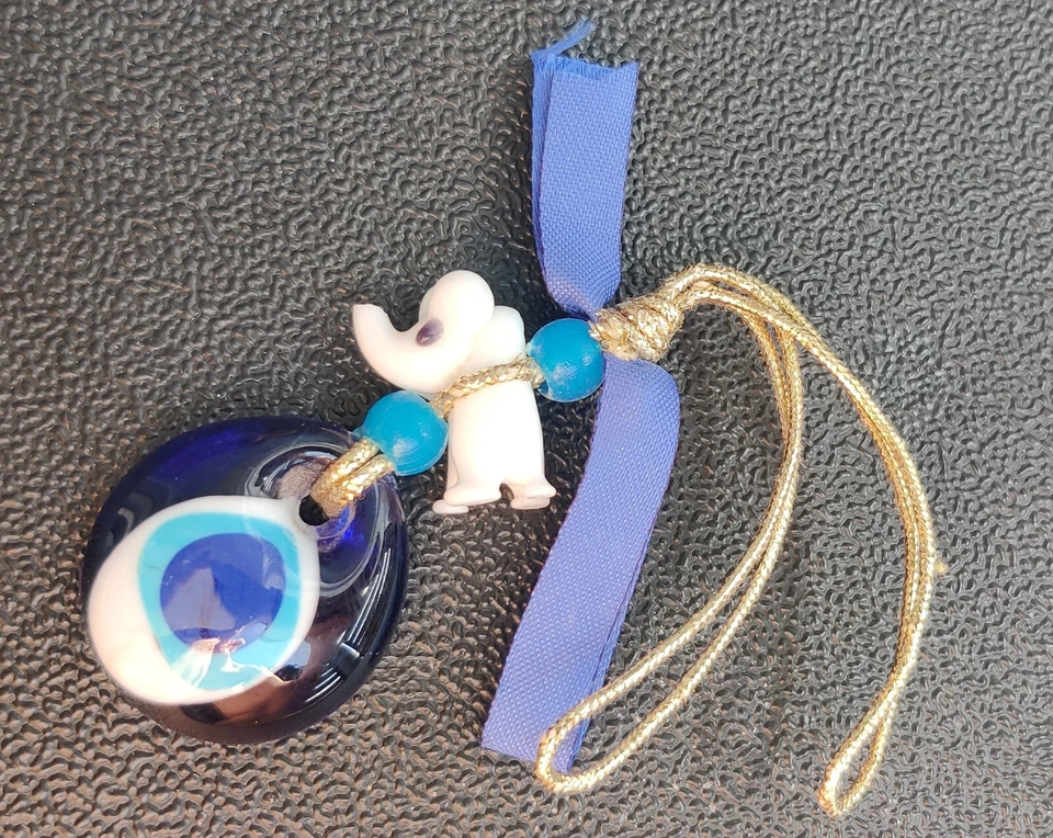 Glass Elephant & Rope Evil Eye Turkish Nazar Handmade Home Decoration #5155