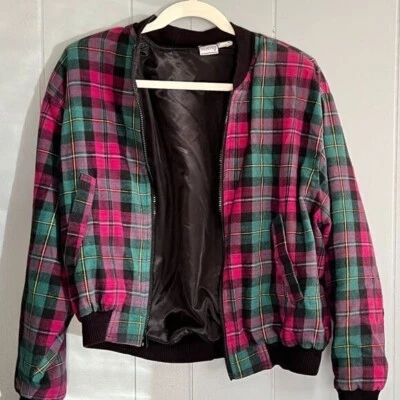 Vintage Plaid Flannel Bomber Jacket Full Zip 90s Grunge Skater Medium Fit - Imagem 1 de 4