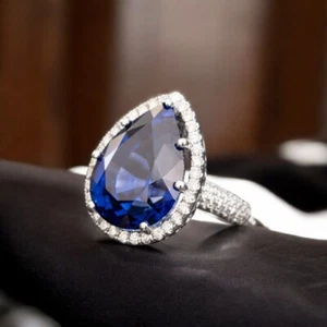 18K Gold Wedding Ring Natural Diamond 26.10 Ct Pear Cut Lab Grown Blue Sapphire - Picture 1 of 13