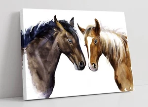 BROWN WATERCOLOUR HORSES PAINTING -DEEP FRAMED CANVAS WALL ART PICTURE PRINT - Picture 1 of 3