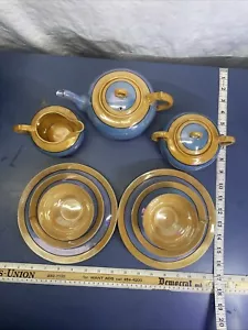 Vintage japanisches handbemalt blau & pfirsich irisierendes Glanzgeschirr 11-teiliges Teeservice - Bild 1 von 18