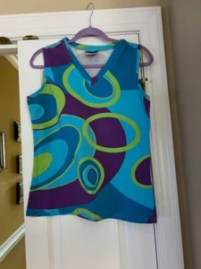Curves Aqua Blue Swirl Print Large Workout V Neck Top Tank Sleeveless Excellent - Picture 1 of 4