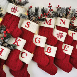 Christmas Stocking Red Knitting Socks Gift Bag Elk Snowflake Xmas Tree Decor
