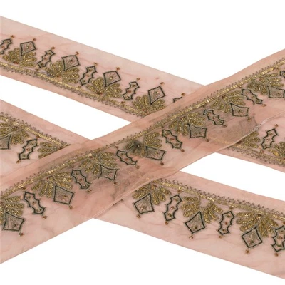 Sanskriti Vintage Borde Antiguo Cuentas a Mano 1 Yarda Borde Lentejuelas Rosa Zari Encaje Foto 1 de 4