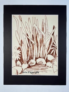 Vtg Cattails At Rocky Lake Shore Ink Drawing 14x11” Elise Speights Folk Art - Picture 1 of 13