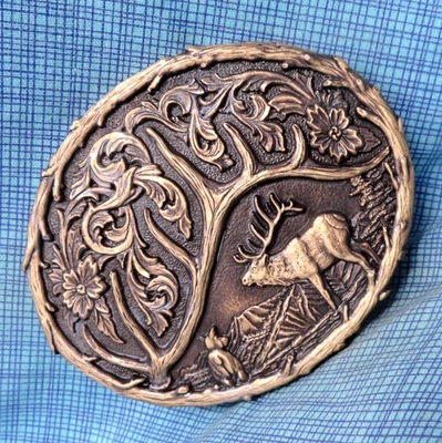 Bull Elk Belt Buckle Antler Hunter Sportsman Cowboy Solid Brass Vtg MSS  .GMP530 - Image 1 of 4