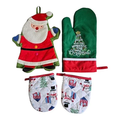 Christmas Oven Mitts Set Of 4 Santa Snowmen Chritmas Trees Presents Joy & Peace - Image 1 of 4