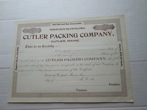  ONE (1) NON-ISSUED CUTLER PACKING COMPANY STOCK CERTIFICATE, CUTLER, MAINE - Picture 1 of 2