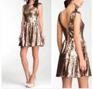 Bebe Sequin Mini Dress XS Copper Brown Fit & Flare Party Cocktail Sparkle Bling - Picture 1 of 12