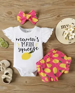 Lemon-Print 3pc Cotton Baby Girl Set Size 3-6M - Picture 1 of 8