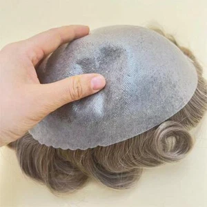 Mens Toupee Hairpiece All PU Skin All Poly Scalloped Front Human Hair Wig Soft - Picture 1 of 57