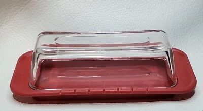 Good Cook Butter Dish Clear Glass Lid Red Plastic Footed Base Handled Serve  - Image 1 of 4
