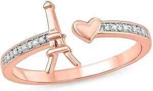 0.05Ct Natural Diamond Eiffel Tower Heart Open Ring 10K Rose Gold Plated Silver - Picture 1 of 5