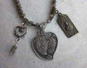 Sacred Heart Charm Necklace Labradorite sundance-style Peasant Princess Boho NEW - Picture 1 of 10