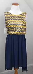 Neu mit Etikett! Rosa Eule High Low ärmelloses Kleid, Pailletten Chevron Top, marineblau unten, Large - Bild 1 von 4