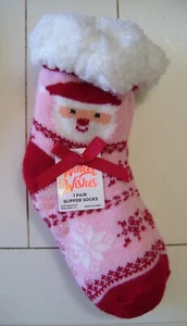 Girls Winter Wishes Pink Red Santa Christmas Slipper Socks Shoe Sz 7-3 - Picture 1 of 2