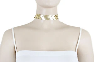Women Showgirl Fashion Jewelry Shiny Gold Choker Necklace Filigree Leaves Strap - Picture 1 of 12