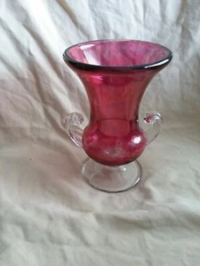 Vintage Urn Style Pedestal Vase Clear Handles Red Cranberry Glass  - Picture 1 of 5
