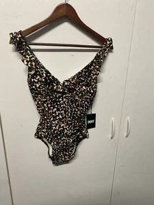 DKNY TEXTURED CHEETAH BLACK MULTI Printed Ruffle Plunge One-Piece Swimsuit, US 6 - Picture 1 of 17
