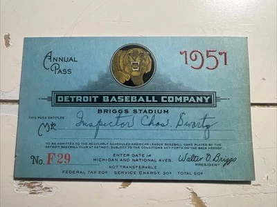 1951 Detroit Tigers Season Pass Ticket Briggs Stadium Mickey Mantle Rookie - Image 1 of 4