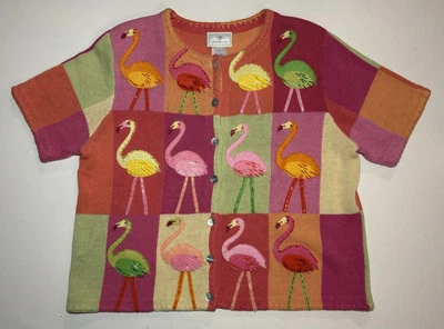 Vtg 90s Susan Bristol Flamingo Linen Blnd Beaded Cardigan Sweater Cottage Knit L - Image 1 of 4