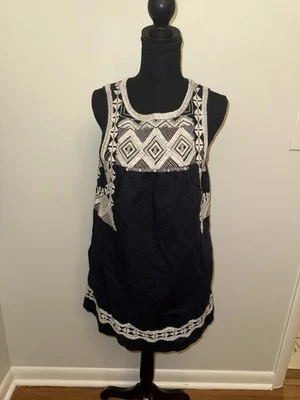 Vestido justo Madewell azul marinho mistura de linho bordado sem mangas MD - Imagem 1 de 4