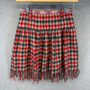Oilily Skirt Kids Girls Size 140 US 10 Red Blue Plaid Pull On Elastic Fringe - Picture 1 of 12