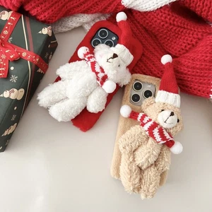 For iPhone Samsung Christmas Gift Bear Case Warm Plush Doll Cartoon Phone Cover - Picture 1 of 15