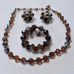 Collana,bracciale,orecchini cristallo sfaccettato aurora boreale cioccolato vintage - Foto 1 di 18