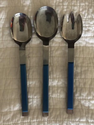 Vintage Crown Corning Acero Inoxidable Corea Azul y Negro 2 Cucharas y Servir Spork Foto 1 de 4