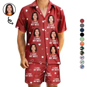 Conjunto corto camisa hawaiana personalizado, conjunto corto I Love My Wife, regalo de San Valentín - Imagen 1 de 1