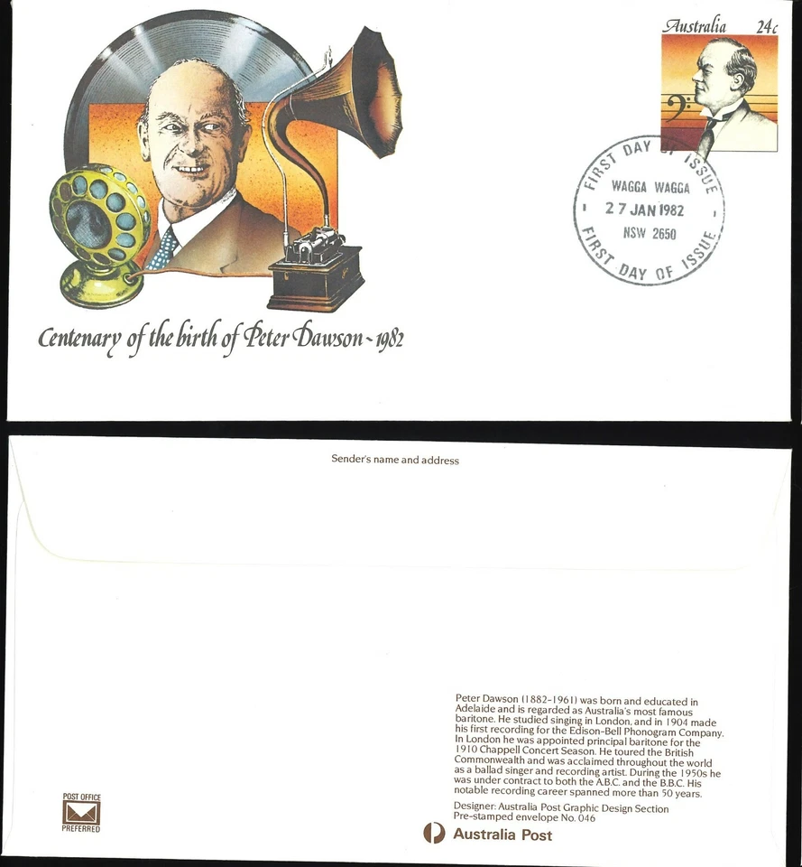 1982 Australian Mint FDC cantante barítono Peter Dawson centenario - matasellos Wagga Foto 1 de 1