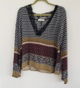 Blusa pulóver de encaje Just U In multicolor manga larga cuello en V talla pequeña - Imagen 1 de 7