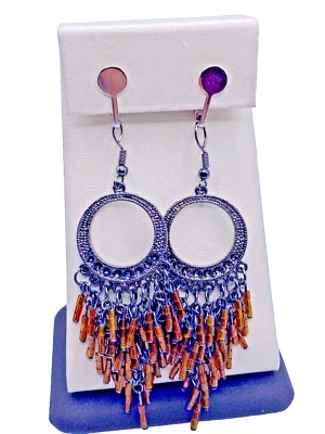 Pendientes de clip vintage Boho Dreamcatcher - cuentas de vidrio ámbar, enchapados en plata Foto 1 de 3
