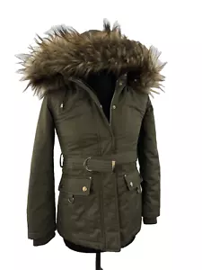 Womens Miss Selfridges Coat parka Petite Faux Fur Hooded Green Cotton Size 8 - Picture 1 of 22
