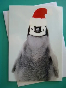 Christmas Holiday Greeting Card For Anyone Realistic Penguin in Santa Hat - Picture 1 of 3