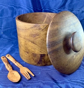 VINTAGE Carved Wood Canister Jar w/ Lid, Spoon & Fork Philippine Crafts Inc EUC - Picture 1 of 8