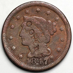 1847/47 Braided Hair Large Cent, N-2, Counterstamped "Corth" - Picture 1 of 3