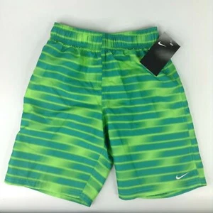 Nike Swim Trunks Boys Small Green Striped Board Shorts With Mesh Liner NEW - Picture 1 of 3