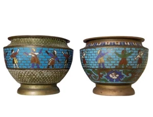 1900-1930 Chinese Champlevé Cloisonné Enamel Bowls - Egyptian Inspiration - Picture 1 of 9