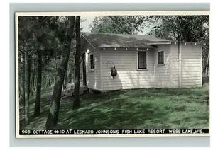 Postcard Rppc Cottage At Leonard Johnson's Fish Lake Resort Webb Wisconsin - Picture 1 of 2